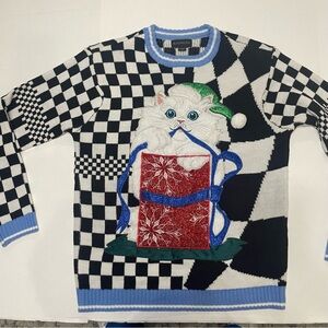 Blizzard Bay Checkered Sweater with Cat Design.. Size M. Preowned. Black & white